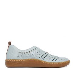 Półbuty Rieker. Niebieskie półbuty damskie Rieker, bez wzorów, bez obcasa, na płaskiej podeszwie. Za 299.99 zł.