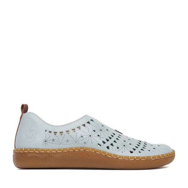 Półbuty Rieker. Niebieskie półbuty damskie Rieker, bez wzorów, bez obcasa, na płaskiej podeszwie. Za 299.99 zł.