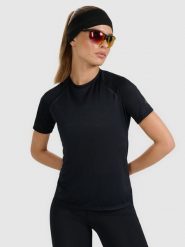 4F Koszulka do biegania regular szybkoschnąca damska - czarna XL. Czarne bluzki sportowe damskie 4f, xl, bez wzorów, z materiału, bez ramiączek. Za 119.99 zł.