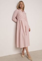 Różowa Koszulowa Sukienka z Wiskozy z Ozdobnym Marszczeniem w Talii Batena. Czerwone sukienki damskie Born2be, do pracy, l, bez wzorów, z wiskozy, biznesowe, bez kołnierzyka, bez ramiączek, maxi, koszulowe. Za 149.99 zł.