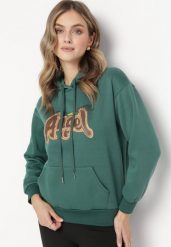 Ciemnozielona Bluza Ocieplona z Kapturem i Nadrukiem Wesa. Zielone bluzy z kapturem damskie Born2be, l, z jeansu. Za 84.99 zł.