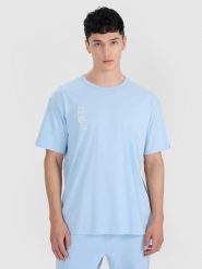 4F T-shirt oversize z nadrukiem męski - niebieski L. Niebieskie t-shirty męskie 4f, l, bez wzorów, z bawełny, bez kołnierzyka. W wyprzedaży za 59.99 zł.