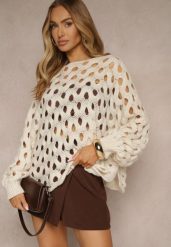 Jasnobeżowy Nietoperzowy Sweter z Dzianiny z Wełną o Ażurowym Splocie Filarasea. Brązowe swetry klasyczne damskie Renee, z dzianiny, bez kołnierzyka. Za 119.99 zł.