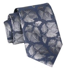 Klasyczny, Szeroki Krawat Męski CHATTIER - Niebieski w Srebrne Kwiaty. Niebieskie krawaty i muchy męskie Chattier, bez wzorów, z tkaniny, eleganckie. Za 49.00 zł.