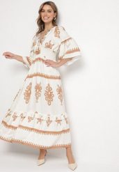 Beżowa Sukienka Boho z Wiskozą w Etniczny Wzór z Szeroką Gumką w Pasie Efanielis. Brązowe sukienki damskie Born2be, na co dzień, na lato, m, z aplikacjami, z wiskozy, boho, bez kołnierzyka, bez ramiączek, maxi, rozkloszowane. W wyprzedaży za 151.99 zł.