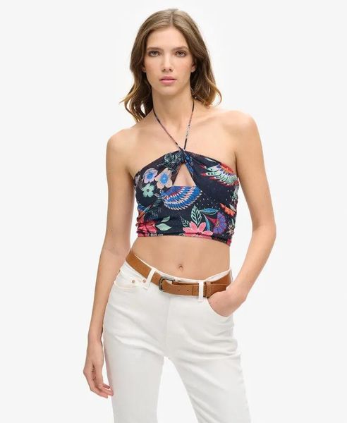Superdry Woven Crop Cut Out Top – dopasowany krój, marszczony tył. Topy sportowe damskie Superdry., s, bez wzorów, z materiału, bez ramiączek. Za 206.60 zł.