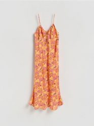 Sukienka midi z wiskozy - jasnożółty. Żółte sukienki damskie Reserved, l, bez wzorów, z wiskozy, bez kołnierzyka, bez ramiączek, midi, dopasowane. Za 179.99 zł.