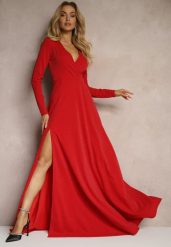 Czerwona Kopertowa Sukienka o Rozkloszowanym Kroju z Rozcięciem i Metalicznymi Przeszyciami Emiraia. Czerwone sukienki damskie Renee, na imprezę, l, bez wzorów, eleganckie, bez kołnierzyka, bez ramiączek, maxi, kopertowe. W wyprzedaży za 153.99 zł.