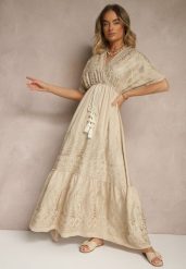 Beżowa Wiskozowa Sukienka Boho o Kopertowym Kroju z Metalicznym Haftem Redeselle. Brązowe sukienki damskie Renee, na co dzień, m, z aplikacjami, z wiskozy, boho, bez kołnierzyka, bez ramiączek, maxi, kopertowe. W wyprzedaży za 103.99 zł.