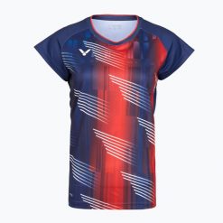 Koszulka damska Victor T-61001TD. Niebieskie bluzki sportowe damskie VICTOR, xs, z materiału, bez kołnierzyka, bez ramiączek. Za 139.99 zł.