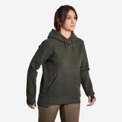 Bluza damska z kapturem. Zielone bluzy sportowe damskie SOLOGNAC, na jesień, m, bez wzorów, z materiału, bez ramiączek, długie, z kapturem. Za 169.99 zł.