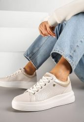 Jasnobeżowe Sneakersy Typu Tenisówki z Ozdobną Perforacją Mariselia. Brązowe trampki i tenisówki damskie Renee, bez wzorów. Za 109.99 zł.