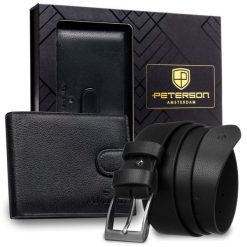 Zestaw prezentowy: skórzany, poziomy portfel męski w czarnym kolorze z systemem RFID i pasek ze skóry ekologicznej - Peterson. Czarne paski męskie Peterson, bez wzorów, ze skóry ekologicznej, klasyczne. Za 109.00 zł.