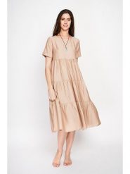 Le Jardin du Lin Sukienka w kolorze kremowym rozmiar: 36. Brązowe sukienki damskie Le jardin du lin, bez wzorów, bez kołnierzyka, bez ramiączek, midi. Za 130.99 zł.