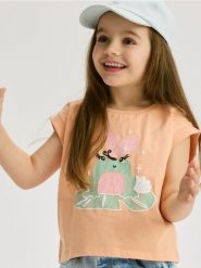 T-shirt z nadrukiem - pomarańczowy. Brązowe koszulki dziewczęce Reserved, m, bez wzorów, z bawełny, bez ramiączek. W wyprzedaży za 9.99 zł.