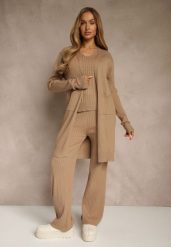 Ciemnobeżowy Komplet z Dzianiny z Bawełną Spodnie Kamizelka i Długi Kardigan Mevalinia. Brązowe spodnie materiałowe damskie Renee, bez wzorów, z bawełny, eleganckie. Za 149.99 zł.