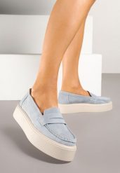 Jasnoniebieskie Mokasyny Skórzane na Platformie w Stylu Półbutów Sadawene. Niebieskie mokasyny damskie Renee. Za 159.99 zł.