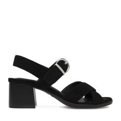 Sandały JENNY. Czarne sandały damskie Jenny, bez wzorów, bez obcasa, na słupku. Za 129.99 zł.