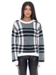 Leone 1947 Glam Winter damski sweter w kratkę z okrągłym dekoltem i metką z logo. Czarne swetry klasyczne damskie LEONE 1947 APPAREL, l, z tkaniny, bez kołnierzyka. Za 412.58 zł.
