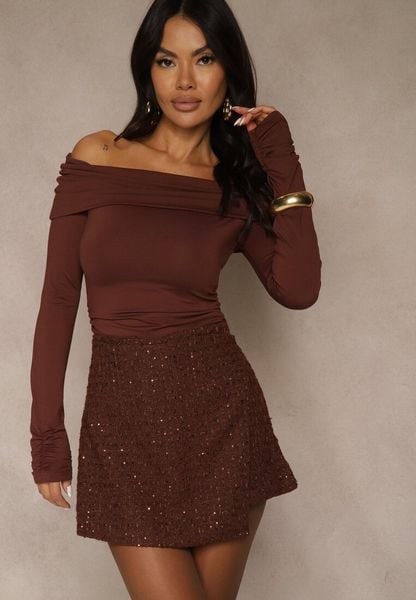 Brązowe Cekinowe Spódnico-Szorty z Wełną Fedalia. Brązowe szorty damskie Renee, z aplikacjami, z wełny. Za 139.99 zł.