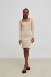 Sukienka dopasowana z dekoltem w kształcie serca BEIGE - FUSION-XS/S. Brązowe sukienki damskie Marsala, na imprezę, s, bez wzorów, z bawełny, bez kołnierzyka, bez ramiączek, mini, bodycon. W wyprzedaży za 49.98 zł.