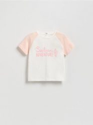 T-shirt z nadrukiem - pastelowy róż. Czerwone koszulki dziewczęce Reserved, m, bez wzorów, z bawełny, bez ramiączek. W wyprzedaży za 9.99 zł.
