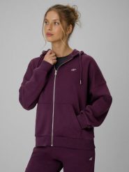 4F Bluza dresowa loose z kapturem damska - fioletowa XS. Fioletowe bluzy z kapturem damskie 4f, xs, z dresówki. Za 159.99 zł.