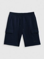 4F Spodenki dresowe cargo męskie - granatowe S. Niebieskie szorty męskie 4f, z dresówki, bez kołnierzyka. Za 159.99 zł.