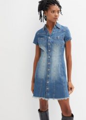 Sukienka dżinsowa z guzikami. Niebieskie sukienki damskie bonprix, bez wzorów, bez kołnierzyka, bez ramiączek. Za 169.99 zł.