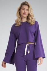 Krótka Bawełniana Bluza z Szerokim Rozciętym Rękawem - Fioletowa. Fioletowe bluzy bez kaptura damskie Figl, s, z bawełny. Za 209.00 zł.