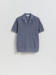 Strukturalny sweter polo - granatowy. Niebieskie swetry męskie Reserved, l, bez wzorów, z bawełny, bez kołnierzyka. Za 119.99 zł.