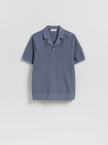 Strukturalny sweter polo - granatowy. Niebieskie swetry męskie Reserved, l, bez wzorów, z bawełny, bez kołnierzyka. Za 119.99 zł.