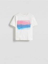 T-shirt z nadrukiem - złamana biel. Koszulki dziewczęce Reserved, l, bez wzorów, z bawełny, bez kołnierzyka. W wyprzedaży za 25.99 zł.