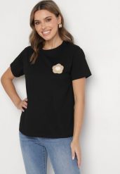 Czarny T-shirt z Bawełny Ozdobiony Haftem Kwiatka Nalariael. Czarne t-shirty damskie Born2be, s, bez wzorów, z bawełny, bez kołnierzyka. Za 29.99 zł.