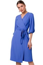 Sukienka elegancka kopertowa z bufiastymi rękawami niebieska. Niebieskie sukienki damskie Stylove, do pracy, s, bez wzorów, biznesowe, bez kołnierzyka, bez ramiączek, kopertowe. Za 349.00 zł.