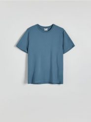 T-shirt regular z włóknem bambusowym - granatowy. Niebieskie t-shirty męskie Reserved, l, bez wzorów, z dzianiny, bez kołnierzyka. W wyprzedaży za 59.99 zł.