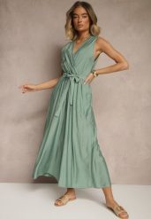 Zielony Kombinezon Taliowany z Wiskozą Ozdobiony Paskiem Evintria. Zielone kombinezony damskie Renee, l, bez wzorów, z wiskozy, eleganckie, bez kołnierzyka, bez ramiączek. Za 54.99 zł.