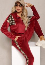 Bordowy Komplet Dresowy z Weluru z Krótką Bluzą i Spodniami Joggerami z Panterkowym Wzorem Limitta. Czerwone bluzy bez kaptura damskie Renee, m, z dresówki. Za 69.99 zł.