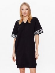KARL LAGERFELD Sukienka dzianinowa Logo 225W1356 Czarny Relaxed Fit. Czarne sukienki damskie Karl Lagerfeld, s, bez wzorów, z bawełny, bez kołnierzyka, bez ramiączek. Za 1,099.00 zł.
