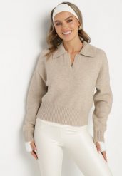 Beżowy Sweter o Krótkim Kroju z Kołnierzykiem i Dekoltem w Serek Valentarisa. Brązowe swetry klasyczne damskie Born2be, z bawełny, bez kołnierzyka. Za 139.99 zł.