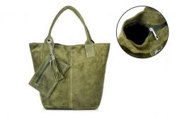 Włoska Torebka Skórzana Zamszowa A4 Shopperka Oliwkowa T49. Zielone shopper bag damskie bez wzorów, ze skóry, zamszowe, bez dodatków. Za 199.99 zł.