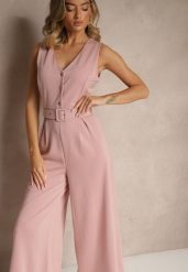 Różowy Kombinezon o Taliowanym Kroju z Wiskozą i Paskiem Raliorea. Czerwone kombinezony damskie Renee, bez wzorów, z wiskozy, eleganckie, bez kołnierzyka, bez ramiączek. Za 119.99 zł.