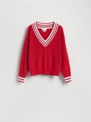 Sweter z lnem - czerwony. Czerwone swetry klasyczne damskie Reserved, l, z bawełny, bez kołnierzyka. Za 199.99 zł.