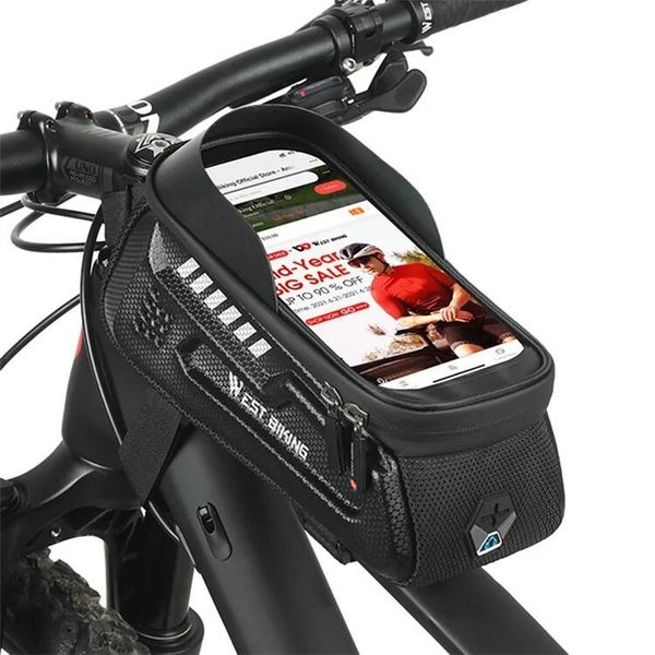 Wodoodporna torba na ramę roweru górskiego z dotykowym ekranem. Czarne torebki klasyczne damskie WEST BIKING, bez wzorów, z materiału, bez dodatków. Za 116.64 zł.