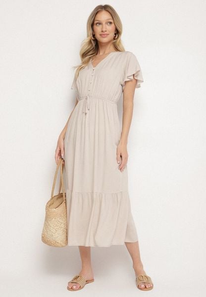 Beżowa Bawełniana Sukienka o Rozkloszowanym Kroju z Wiązaniem w Talii Folarina. Brązowe sukienki damskie Born2be, na co dzień, l, bez wzorów, z bawełny, eleganckie, bez kołnierzyka, bez ramiączek, midi, rozkloszowane. Za 49.99 zł.