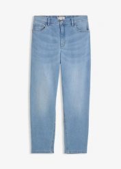 Jeansy o kroju mom, high waist, o skróconej długości. Niebieskie jeansy damskie bonprix, z podwyższonym stanem. Za 124.99 zł.