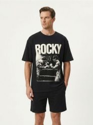 Bawełniana piżama dwuczęściowa z nadrukiem Rocky Balboa - czarny. Czarne piżamy męskie Sinsay, l, bez wzorów, z bawełny, bez ramiączek. Za 49.99 zł.