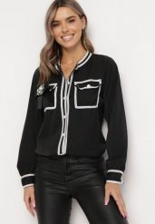 Czarna Koszula z Broszką z Kokardką i Ozdobnymi Lamówkami Evelima. Czarne koszule damskie Born2be, m, bez wzorów, z jeansu, bez kołnierzyka, bez ramiączek. Za 139.99 zł.