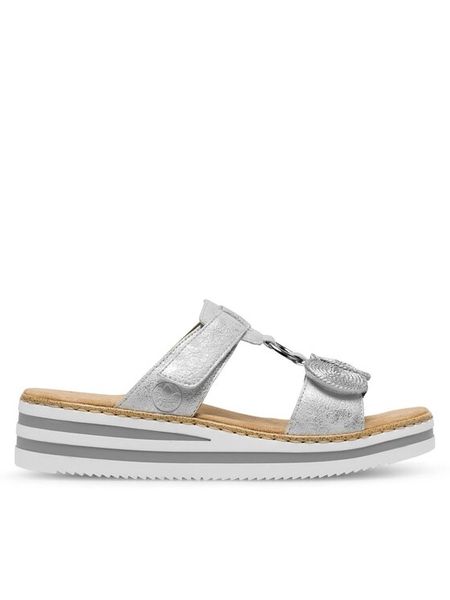 Rieker Klapki V02K3-40 Srebrny. Szare klapki damskie Rieker, bez wzorów, z syntetyku, bez obcasa. Za 309.99 zł.