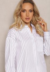 Biała Klasyczna Koszula Ozdobiona Wzorem w Paseczki Anizel. Białe koszule damskie Renee, l, bez wzorów, klasyczne, bez kołnierzyka, bez ramiączek. Za 89.99 zł.